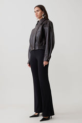 Paige Faux Leather Cropped Jacket - Cherry Brown