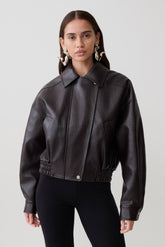Paige Faux Leather Cropped Jacket - Cherry Brown