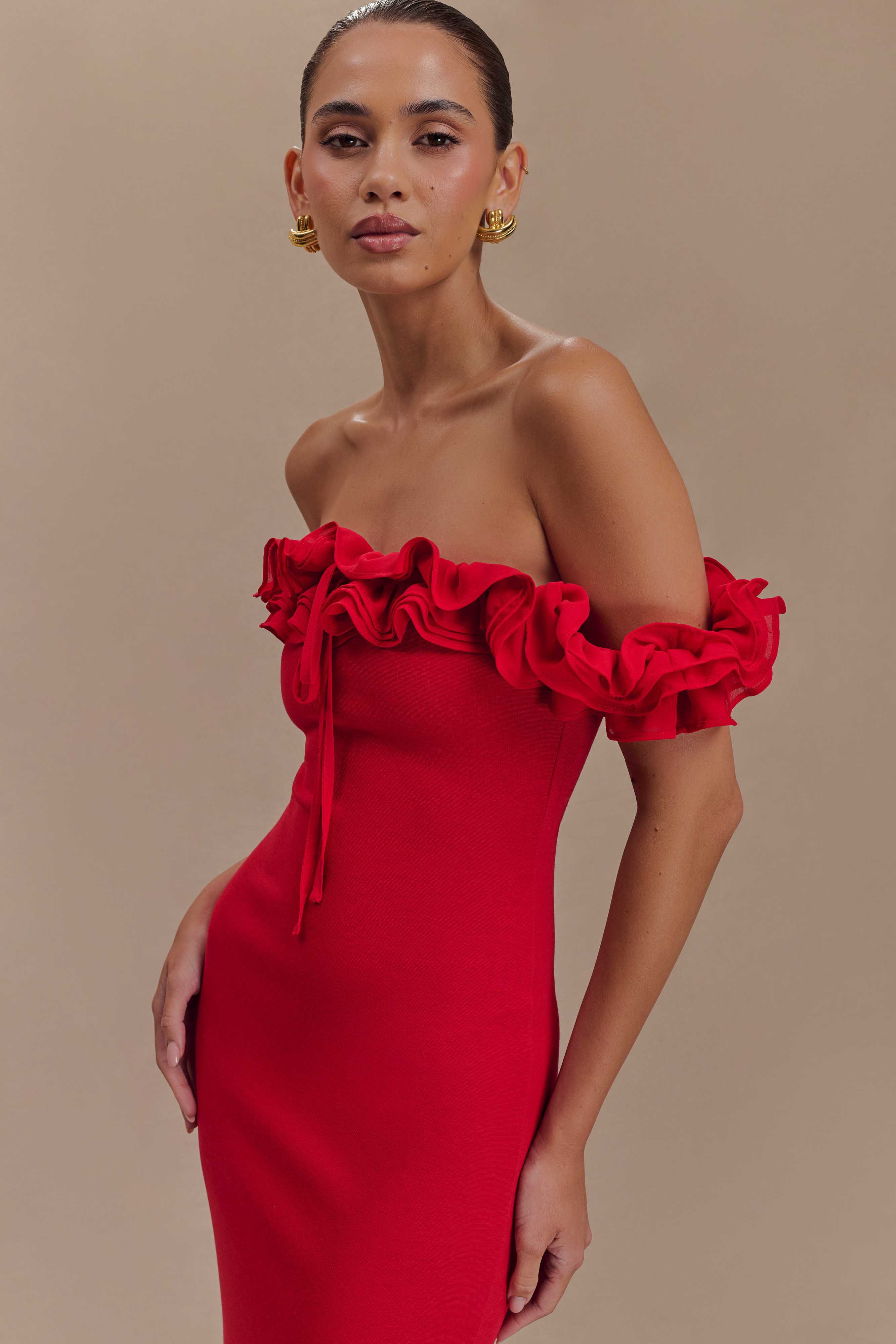 Nova Ruffle Off Shoulder Maxi Dress - Ruby