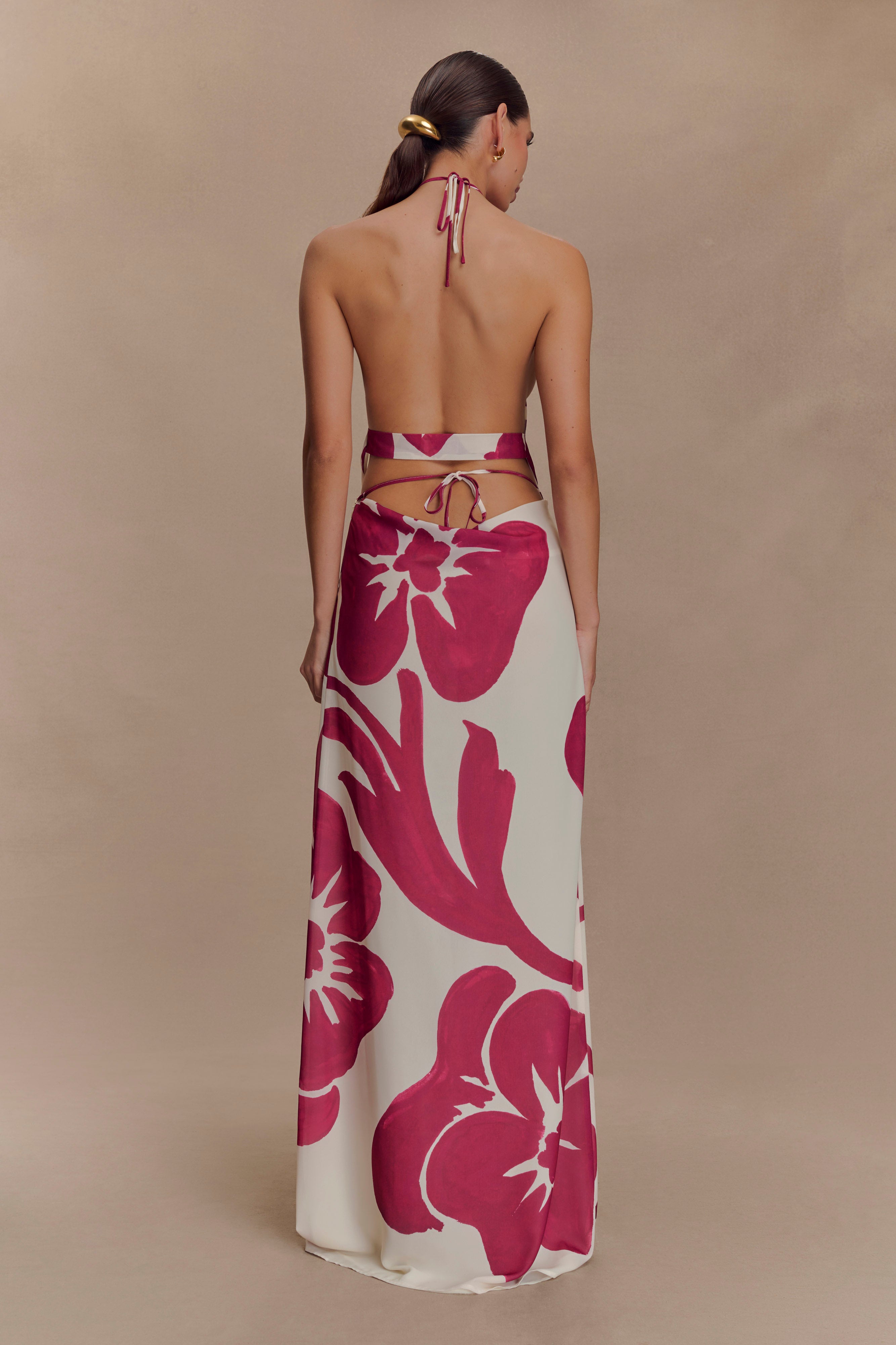 Katalina Chiffon Cowl Halter Top - Red Deco Fleur Print