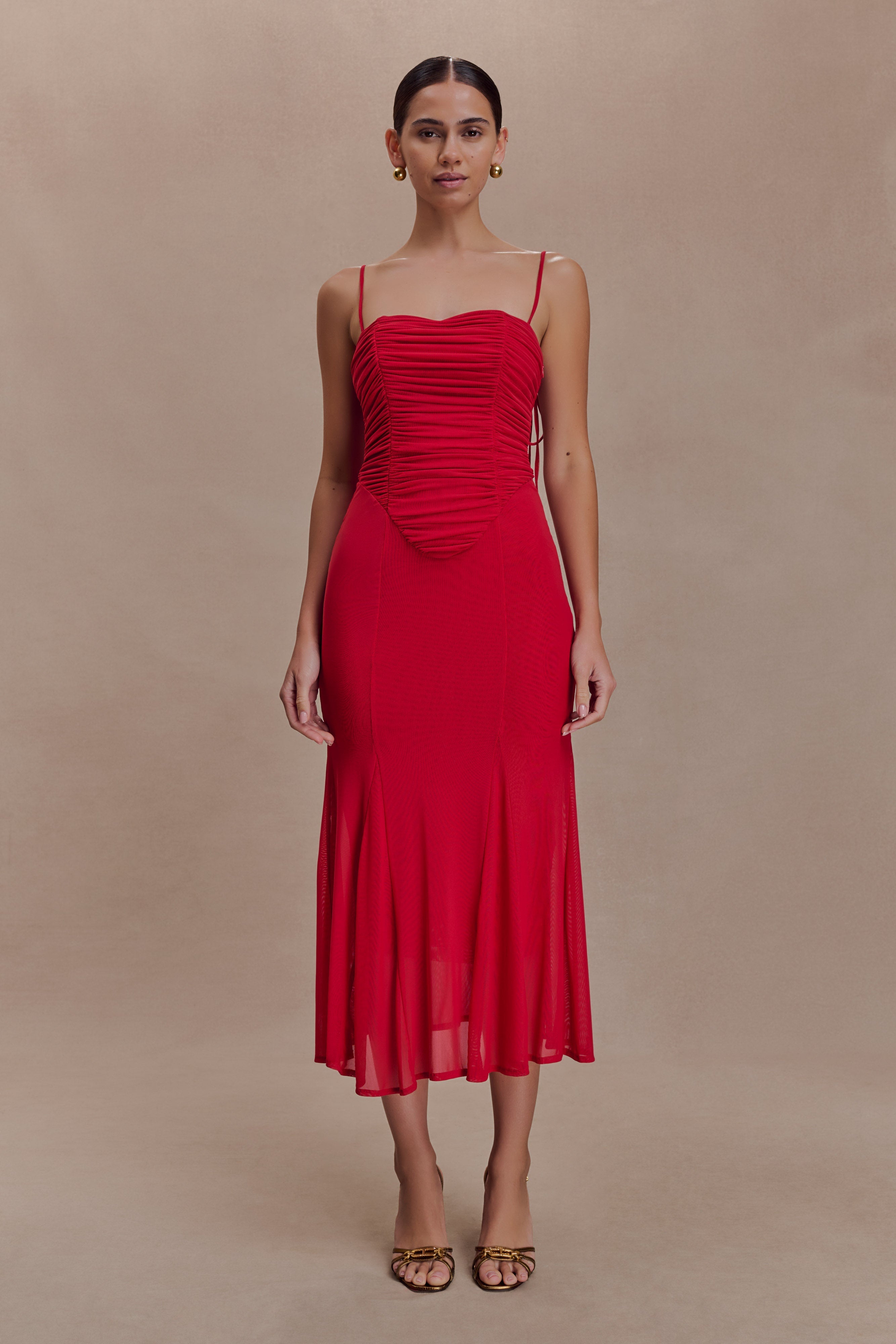 Willa Gathered Mesh Midi Dress - Ruby