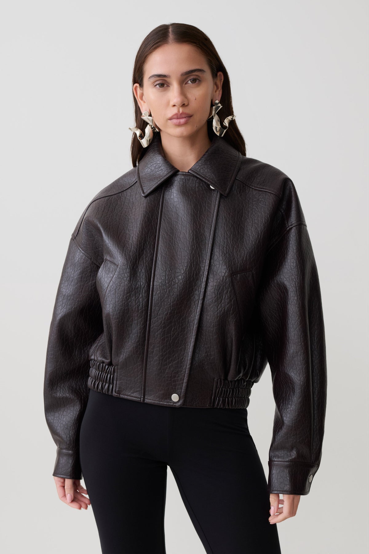 Paige Faux Leather Cropped Jacket - Cherry Brown
